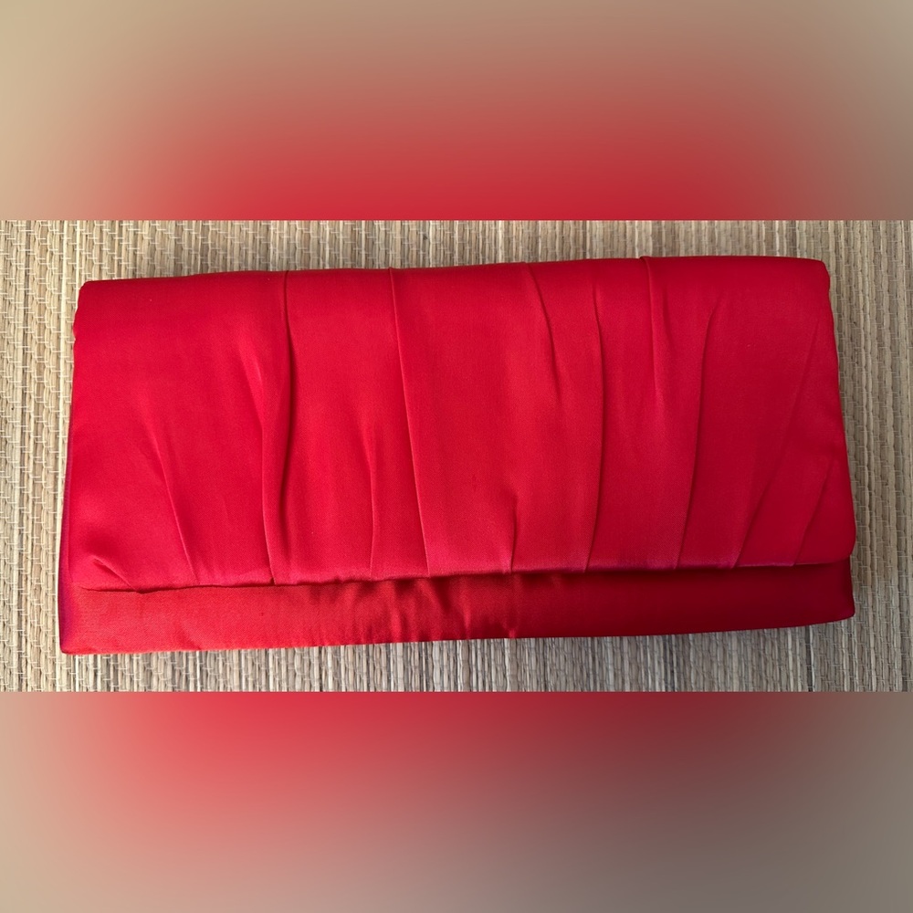 La Regale Red Satin Clutch Evening Purse 6” X 11” With Strap Kiss Snap Closure